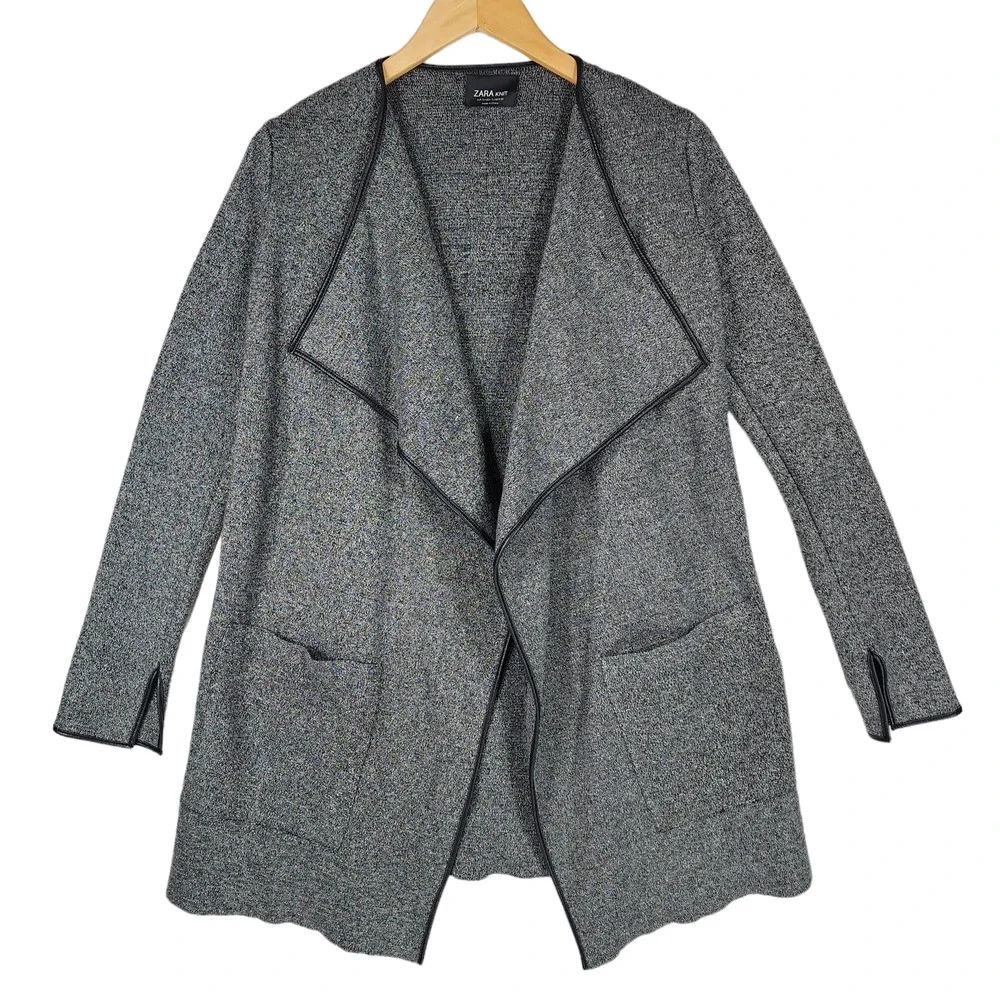 Zara‎ S Womens Cardigan Sweater Gray Black Oversized Open Front Faux Leather